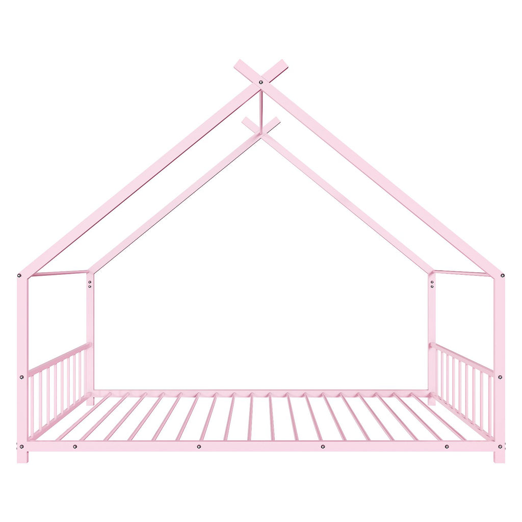 Pink Flat Bed House Shape with Side Guardrails Twin Children's Iron Bed