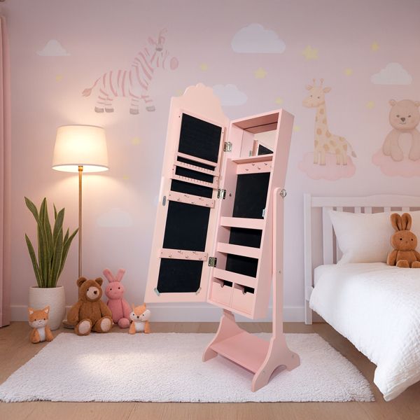 Pink, heart-shaped, MDF, spray-painted, 1-door, 1-shelf children's jewelry and mirror cabinet