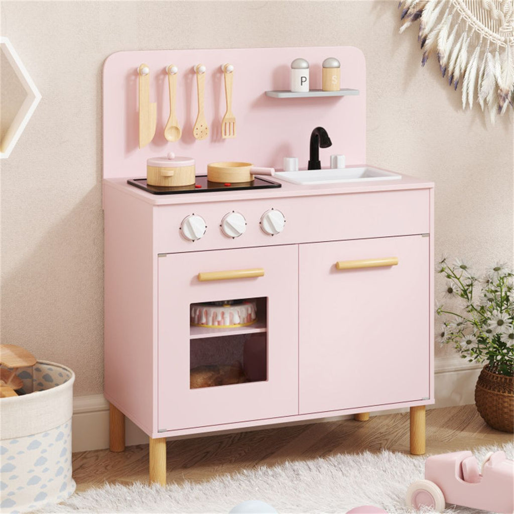 Pink Kids Interactive Wooden Kitchen Playset with Realistic Lights & Sounds