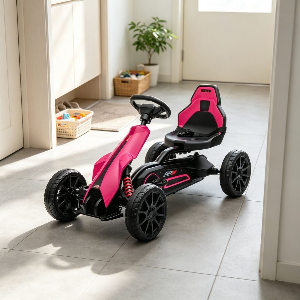 Pink Kids Pedal Go Kart, Adjustable Seat, Durable Swing Axle, Safe Outdoor Ride-On Toy
