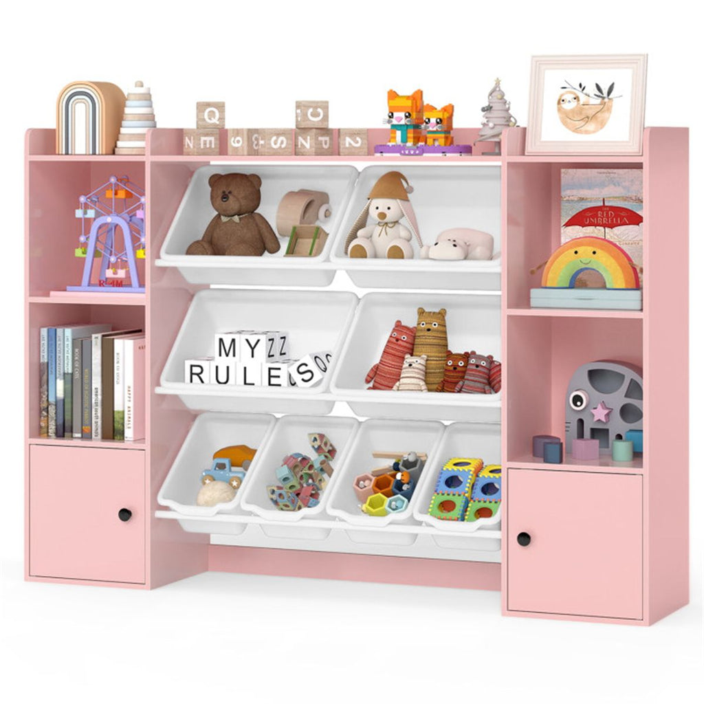 Pink Kids Toy Organizer with 8 Storage Bins, Anti-Tipping Design Open Shelves Cabinet for 3+ Years