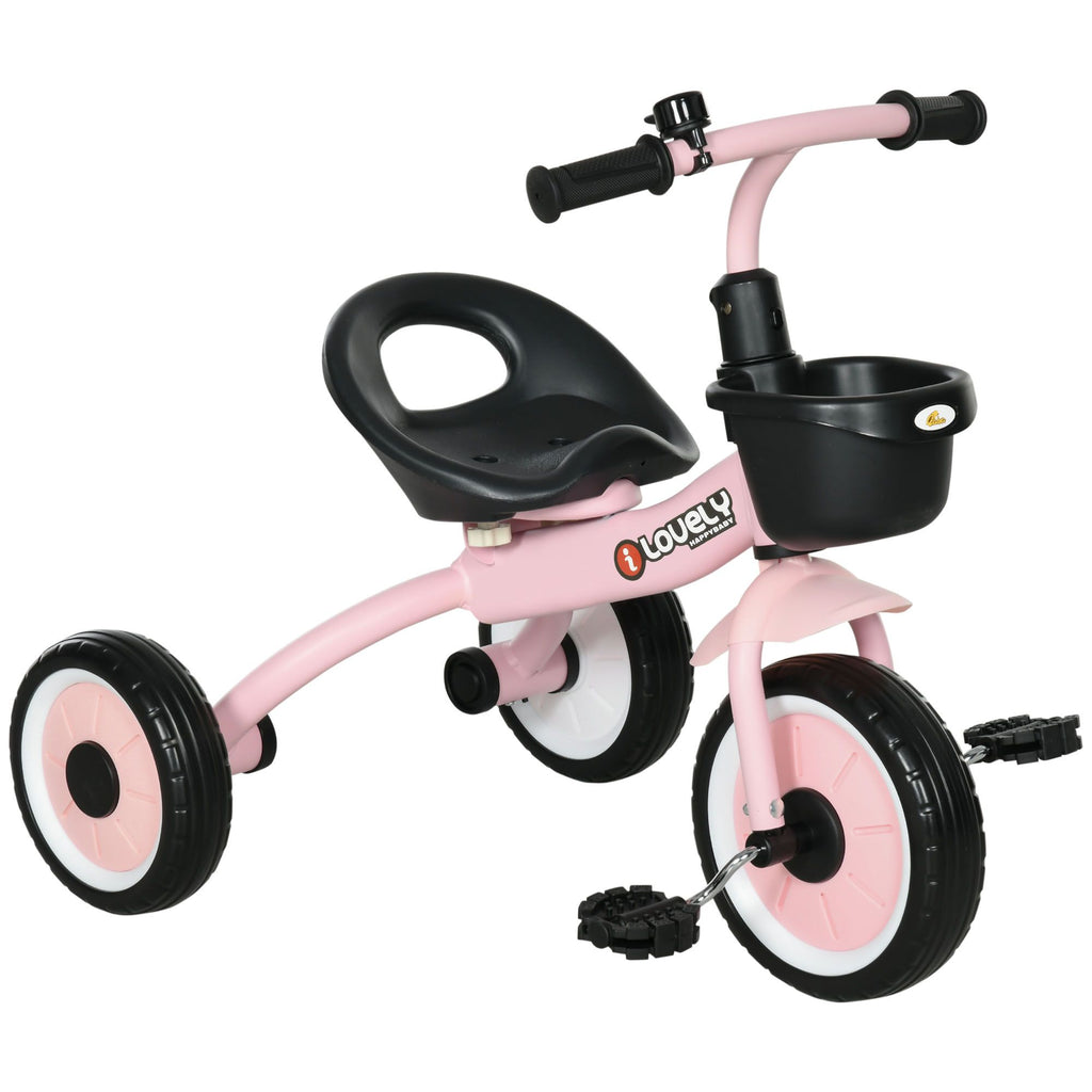 Pink Kids Tricycle for Toddlers Age 2-5 with Adjustable Seat Basket Bell Handlebar Grips Toddler Bike