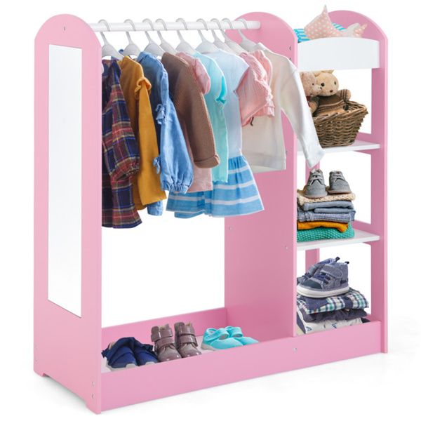 Pink Kids Wardrobe (2+ Years) - 37"x15"x39.5" Size, 1 Solid Wood Hanger + 1 Upper Shelf + 2 Bottom Layers + 2 Open Shelves