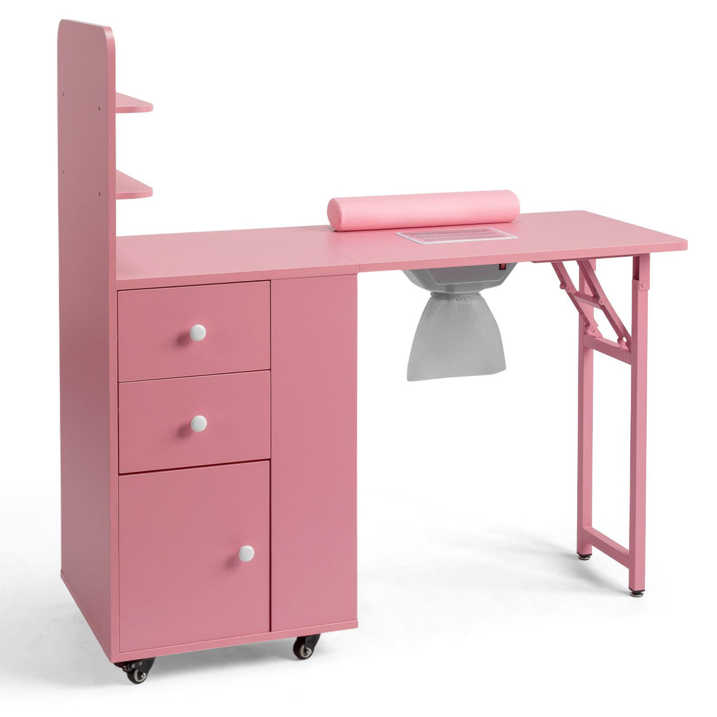 Pink MDF Folding Nail Desk with 2 Drawers, Cabinet Door & Storage Shelf