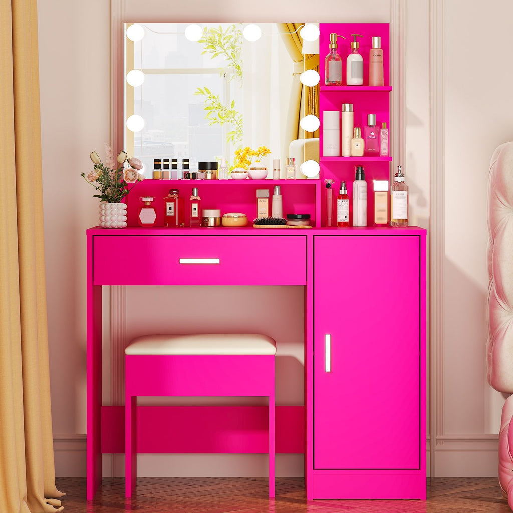 pink MDF vanity set with melamine veneer, 1 drawer, 1 door, three-color light bulb