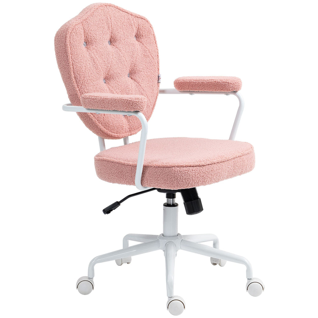 Pink Office Chair, Desk Chair with Button Tufted Teddy Bear Fleece, Swivel Computer Vanity Chair