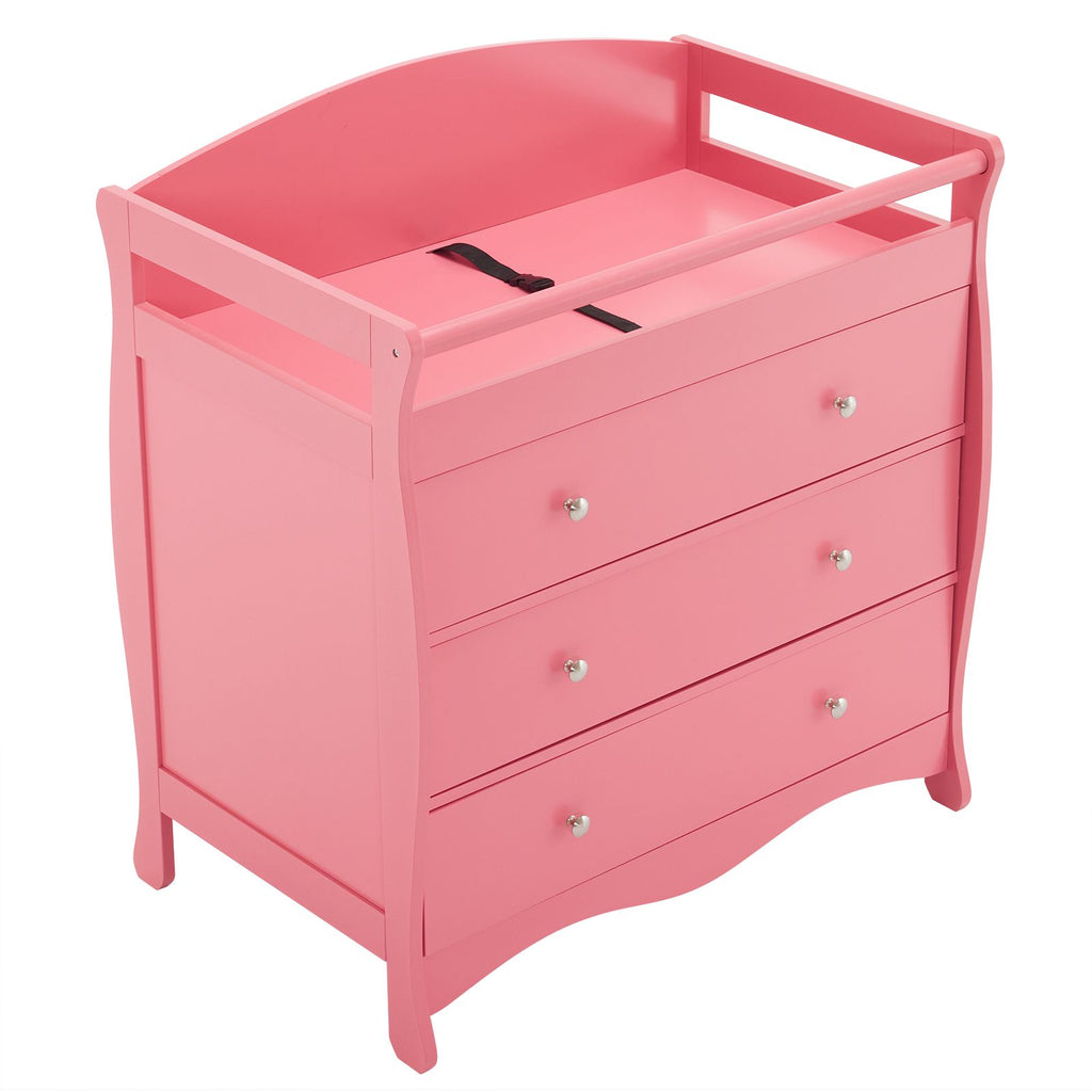 Pink painted MDF wood, three-drawer children's bed, 90.5*58*92cm, with safety belt and changing table, suitable for infants