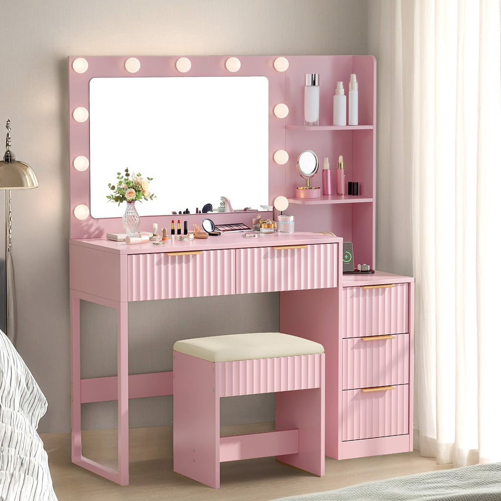 Pink particleboard with a melamine finish, 5-drawer, 2-tiered dressing table set with 11 three-tone light bulbs, power strip, and grille.
