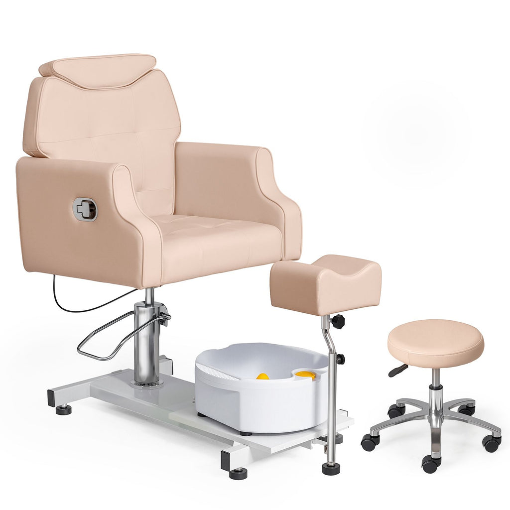 Pink Pedicure Chair, PVC Iron Frame, Manual Recline, with Stool & Bowl