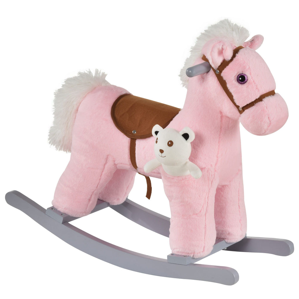 Pink Plush Rocking Horse with Bear Toy for Toddlers, Soft Animal Rocker with Fun Sounds, Perfect for Girls Nursery, 18-36 Months