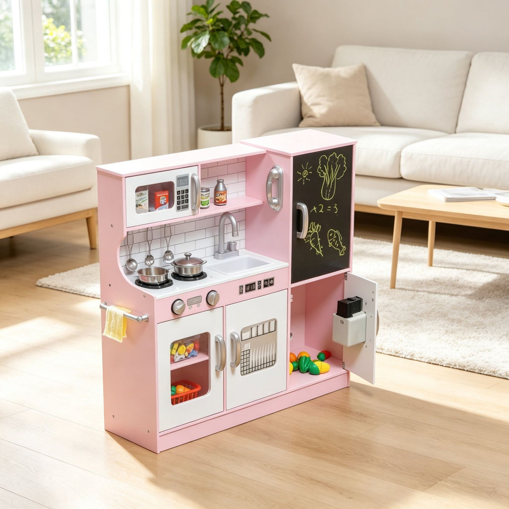 Pink Pretend Play Kitchen Kids Kitchen Playset with Play Phone, Chalkboard, Towel Rack & Ice Maker