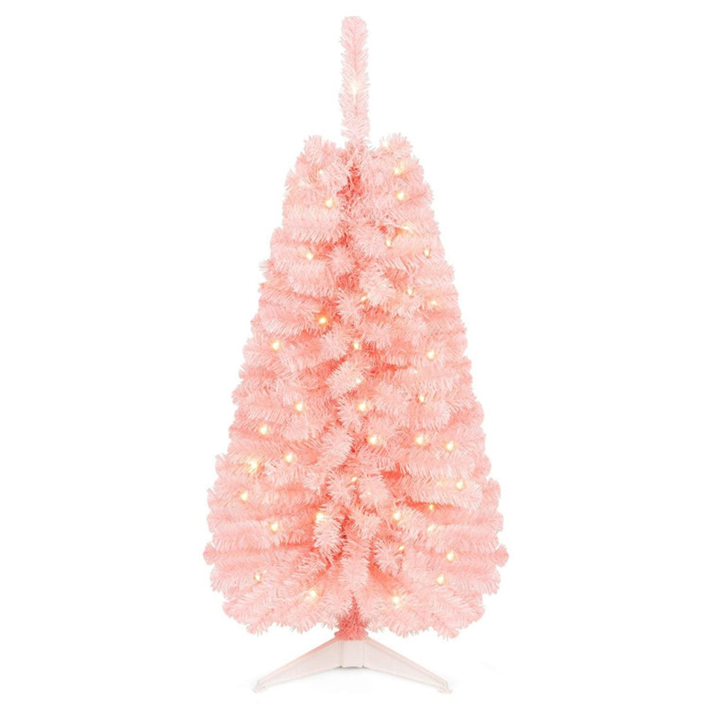 Pink Small Pre Lit 4 Foot Christmas Tree with 50 Warm White LED, Flame Retardant PVC Foliage, Halloween & Christmas Home Decor
