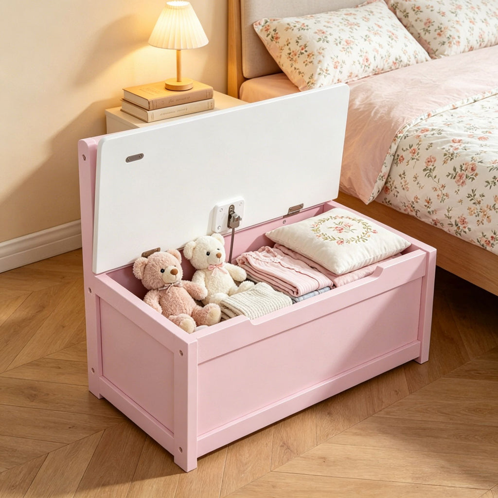 Pink Storage Bench Toy Box Chest with Large 27L Interior Toy Organizer with Top Lid And Backrest for Nursery Playroom Bedroom Furniture 24" x 12" x 20"