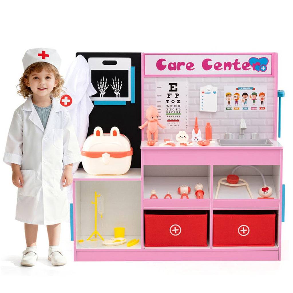 Pink Wooden Doctor Office Playset with X-ray ECG Monitor Sink Height Measurer for Toddlers 3-6