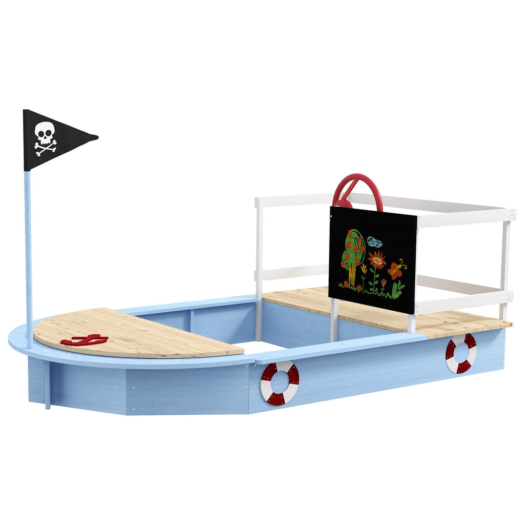Pirate Ship Wooden Sandbox for Kids Outdoor Play Blue Design for Ages 3-7