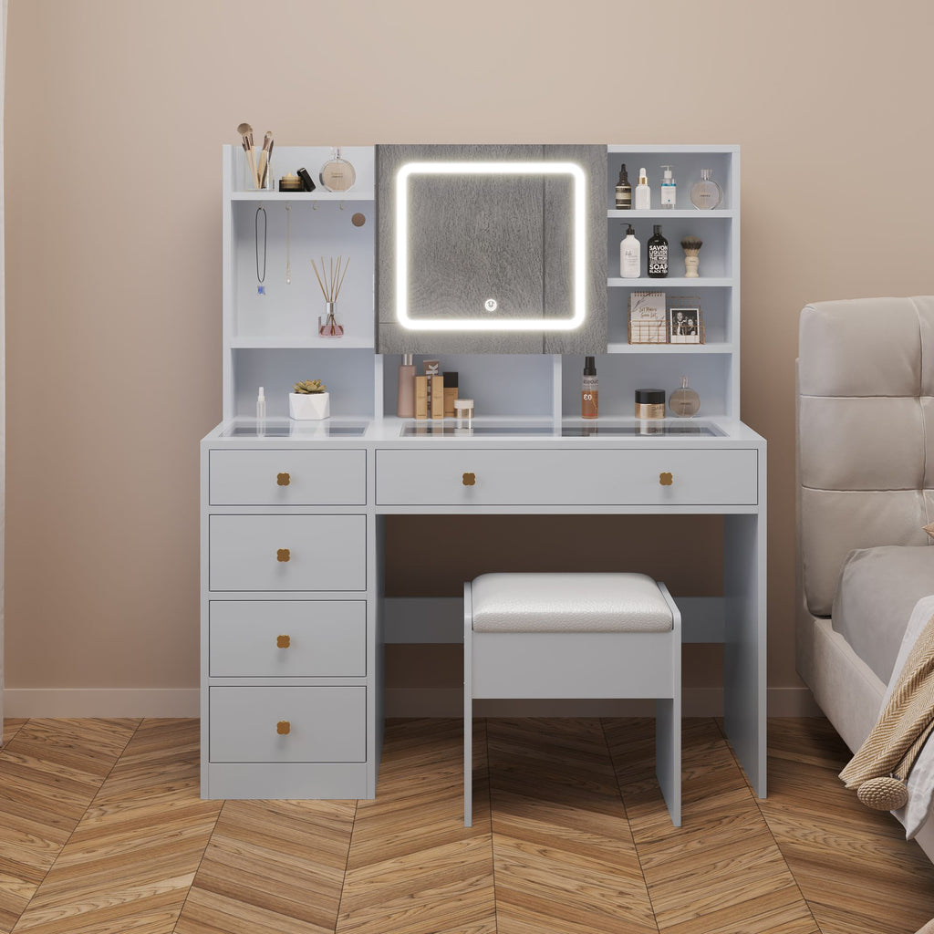 Pitted Particleboard With Triamine Coating, Tempered Glass Table Top, 5 Drawers, With Shelves, With Hooks, With Mirror Cabinet, With Strips, With Led Three-Tone Dimming Mirror, Dressing Table Set,