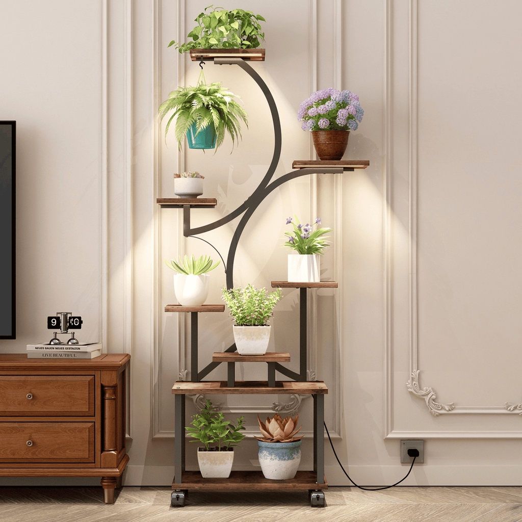 Plant Stand with Grow Lights, 62" Tall Plant Shelf, Lighted Corner Plant StandsforIndoor Growing, 8 Tiered Large Flower Holder, S-Shaped Decorative RackforLiving RoomHomePatio Brown