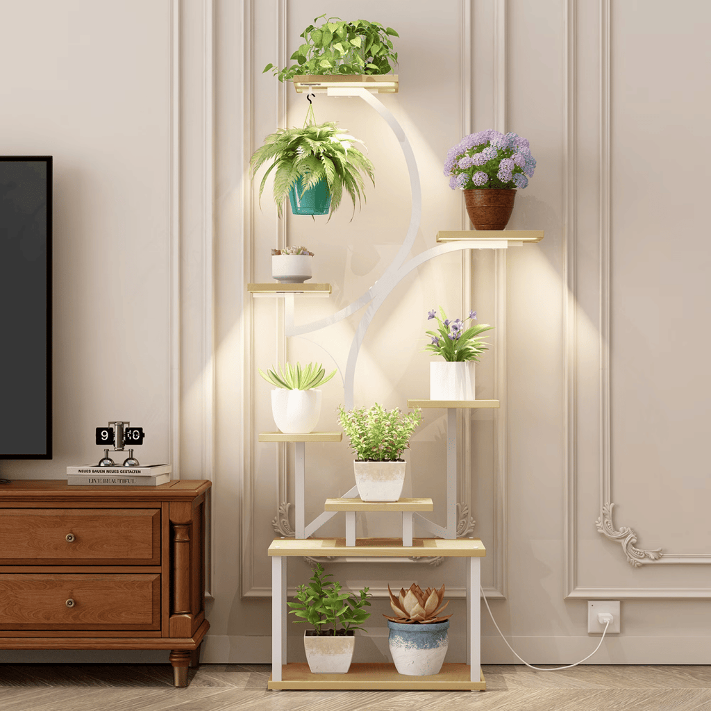 Plant Stand with Grow Lights, 62" Tall Plant Shelf, Lighted Corner Plant StandsforIndoor Growing, 8 Tiered Large Flower Holder, S-Shaped Decorative RackforLiving RoomHomePatio White