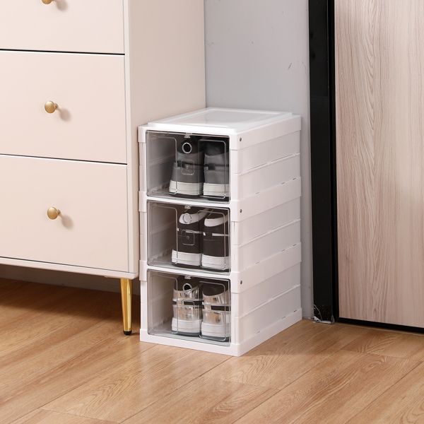 Plastic Stackable Shoe Storage Organizer for Closet, oldable Shoe Sneaker Containers Bins Holders (3 Tier, White)