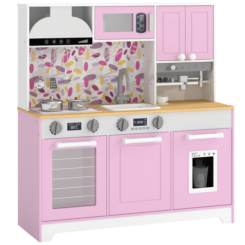 Play Kitchen, Kids Kitchen Playset with Coffee Maker, Ice Maker, Clicking Knobs, Storage, Accessories for 3-8 Years