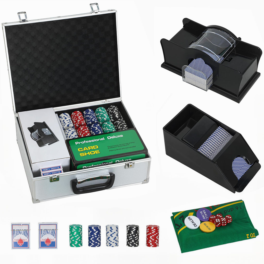 Poker Chip Set with Aluminum Case, Card Shuffler, 300 Chips, 2 Decks of Cards, Dealer Button for Texas Holdem Blackjack
