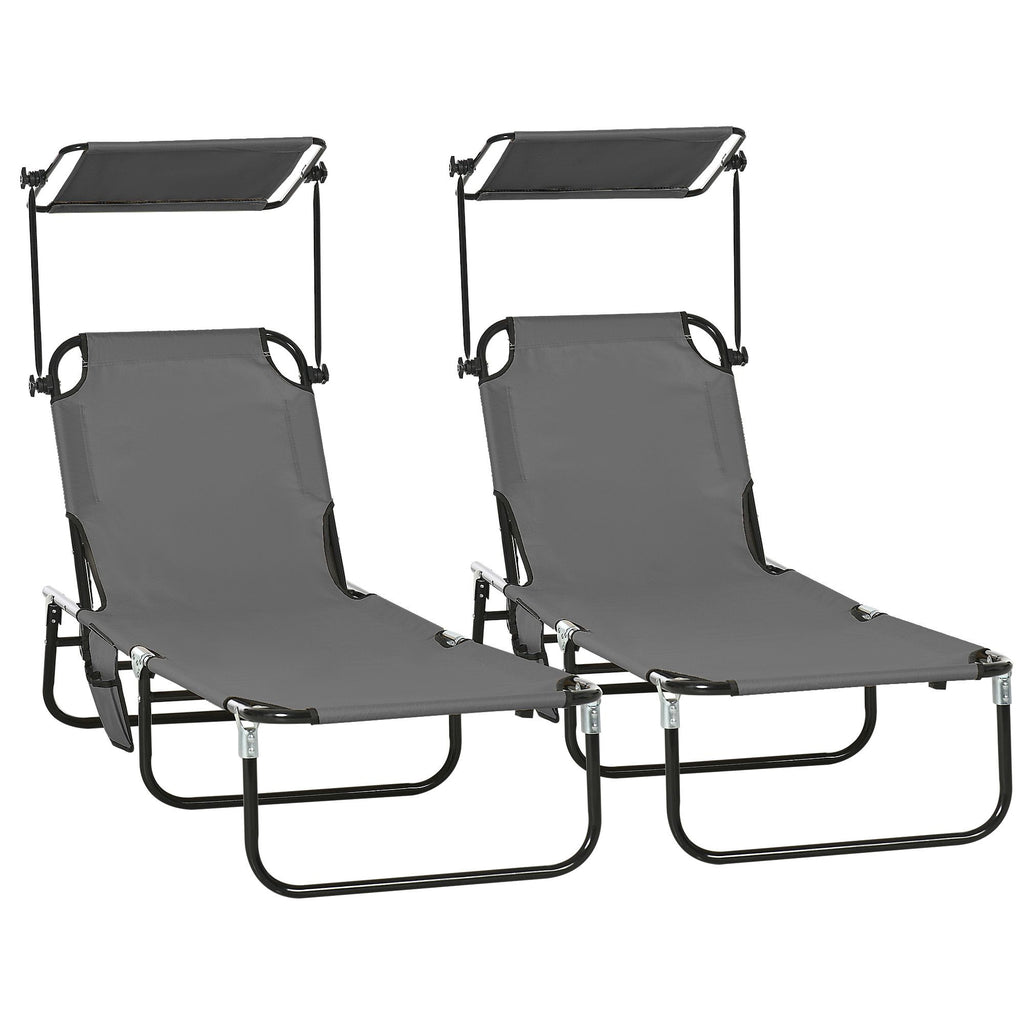 Pool Chaise Lounge Chairs Set of 2, Folding Lounge Chairs with Sunshade, Reclining Back, Steel Frame, Dark Gray