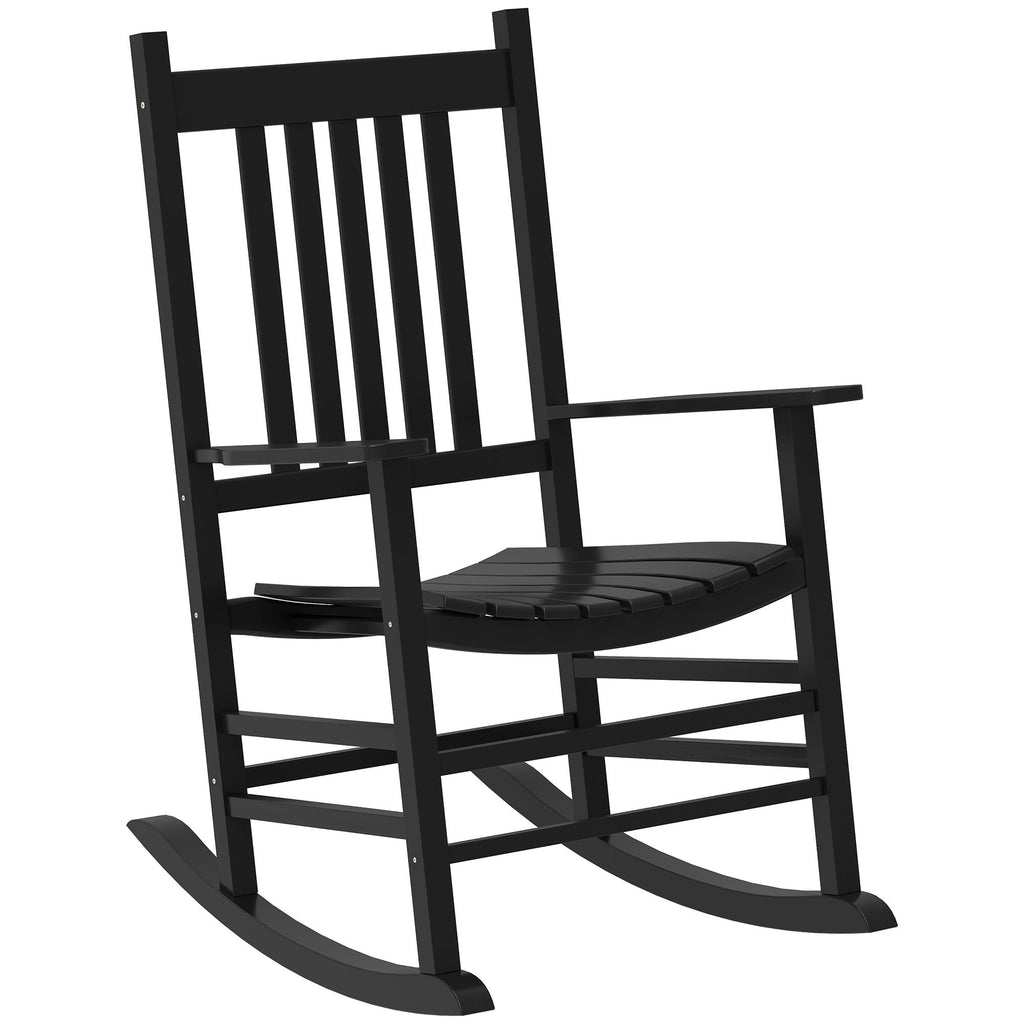 Porch Perfection: Black Slatted Wooden Rocking Chairs with Armrests for Balcony