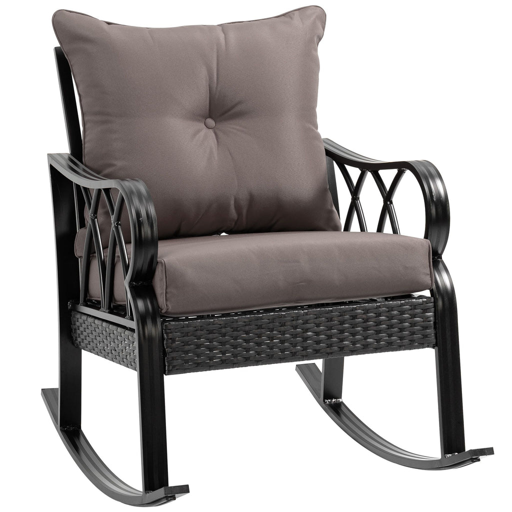 Porch Relaxation: Grey Wicker Rocking Chair with Cushions & Aluminum Frame