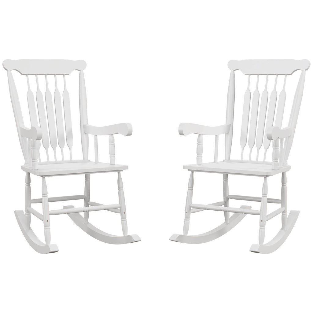 Porch Rocker Chairs Set of 2 White Wooden High Back Outdoor Rocking Chairs for Patio Garden Comfortable Seating Supports 350 lbs.