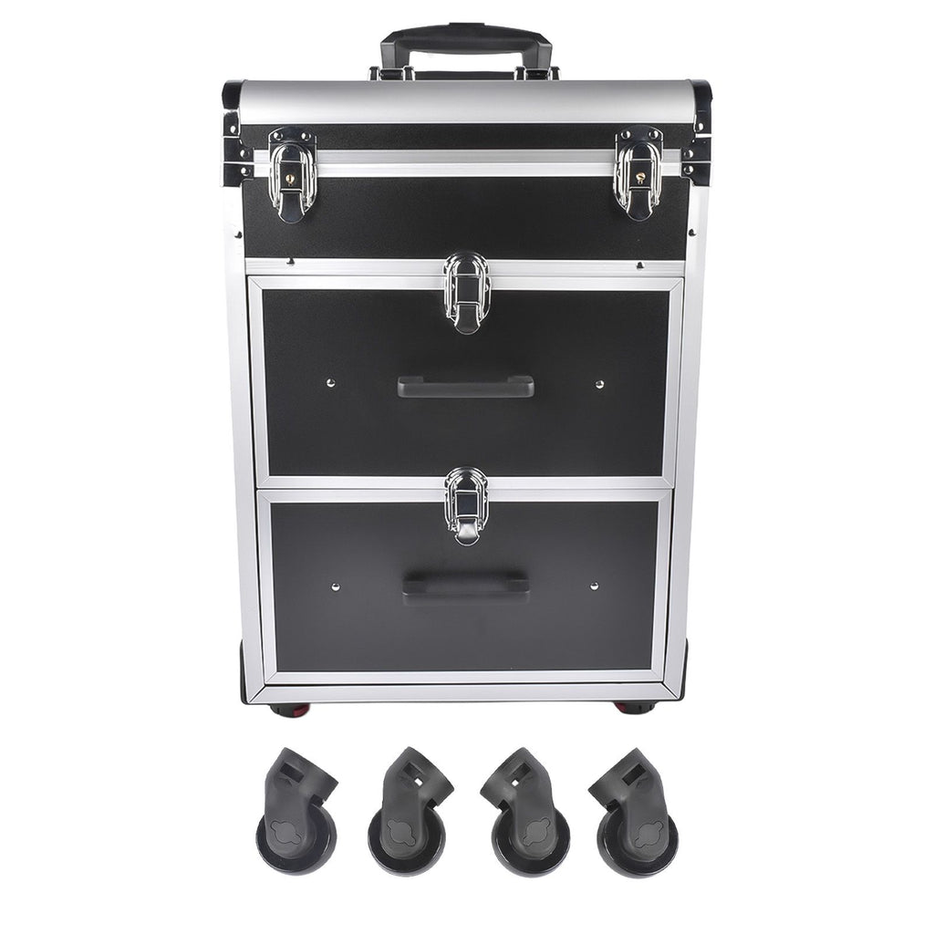Portable 3-Tier Rolling Makeup Case with Universal Wheels for Makeup, Nail Art, Hair Styling Tools Storage (Black + Silver)