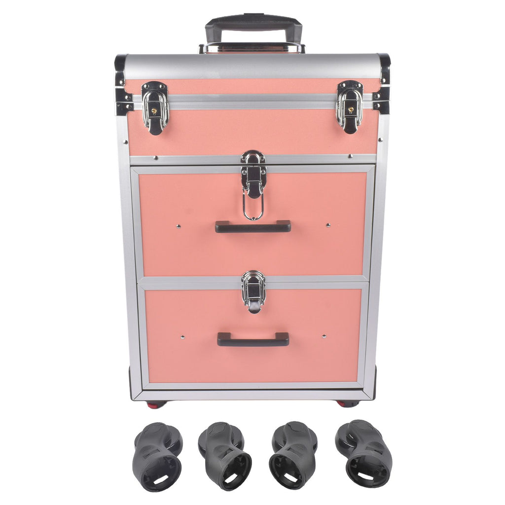Portable 3-Tier Rolling Makeup Case with Universal Wheels for Makeup, Nail Art, Hair Styling Tools Storage (Coral Pink + Silver)
