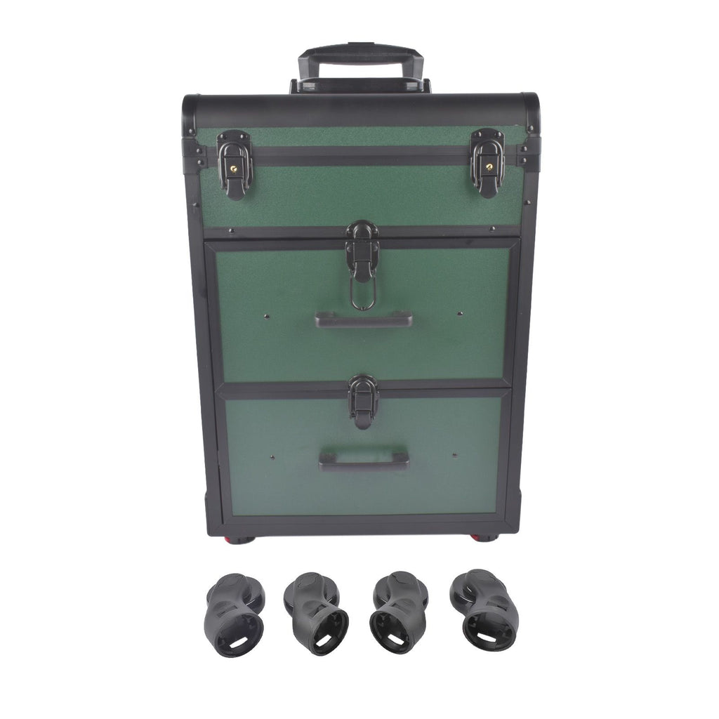 Portable 3-Tier Rolling Makeup Case with Universal Wheels for Makeup, Nail Art, Hair Styling Tools Storage (Dark Green + Black)