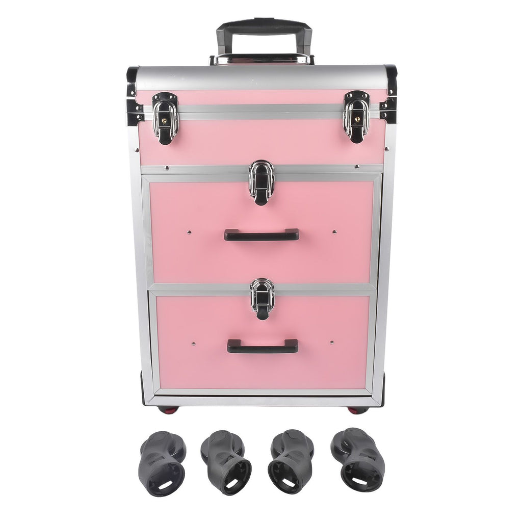 Portable 3-Tier Rolling Makeup Case with Universal Wheels for Makeup, Nail Art, Hair Styling Tools Storage (Pink + Silver)