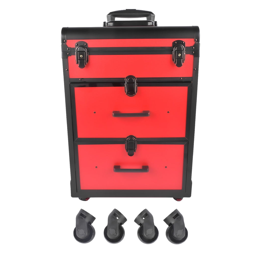 Portable 3-Tier Rolling Makeup Case with Universal Wheels for Makeup, Nail Art, Hair Styling Tools Storage (Red + Black)