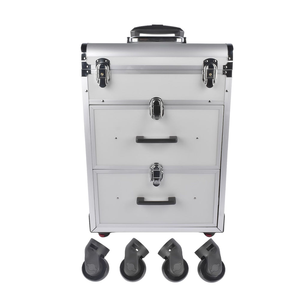 Portable 3-Tier Rolling Makeup Case with Universal Wheels for Makeup, Nail Art, Hair Styling Tools Storage (Silver)