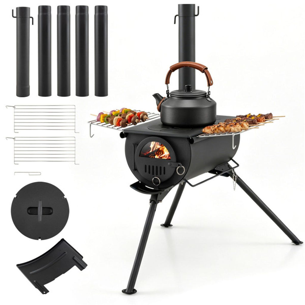Portable Foldable Wood Burning Tent Stove with 5 Sections Chimney, Heavy Duty Carbon Steel Camping Stove with View Window & Cooking Racks for Outdoor Hunting Camping