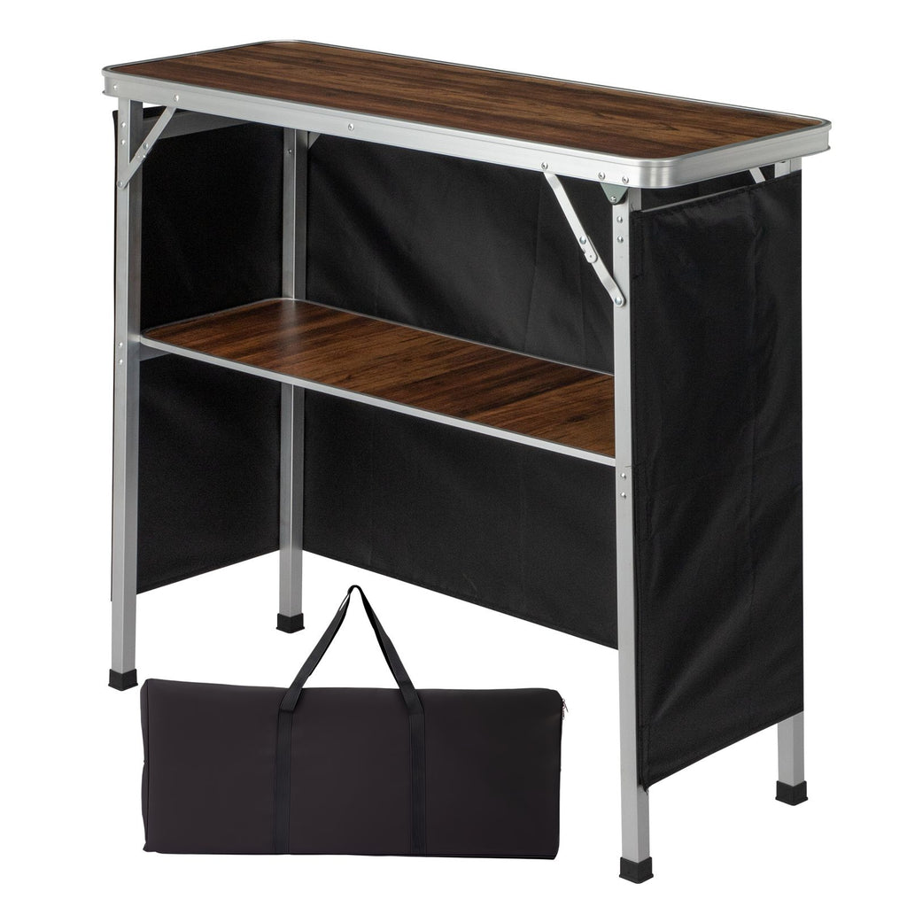 Portable Folding Bar Table with Shelf, Tradeshow Podium Table with Black Skirt and Carrying Bag, for Indoor Outdoor Party Picnic Exhibition, Brown Wood Tone