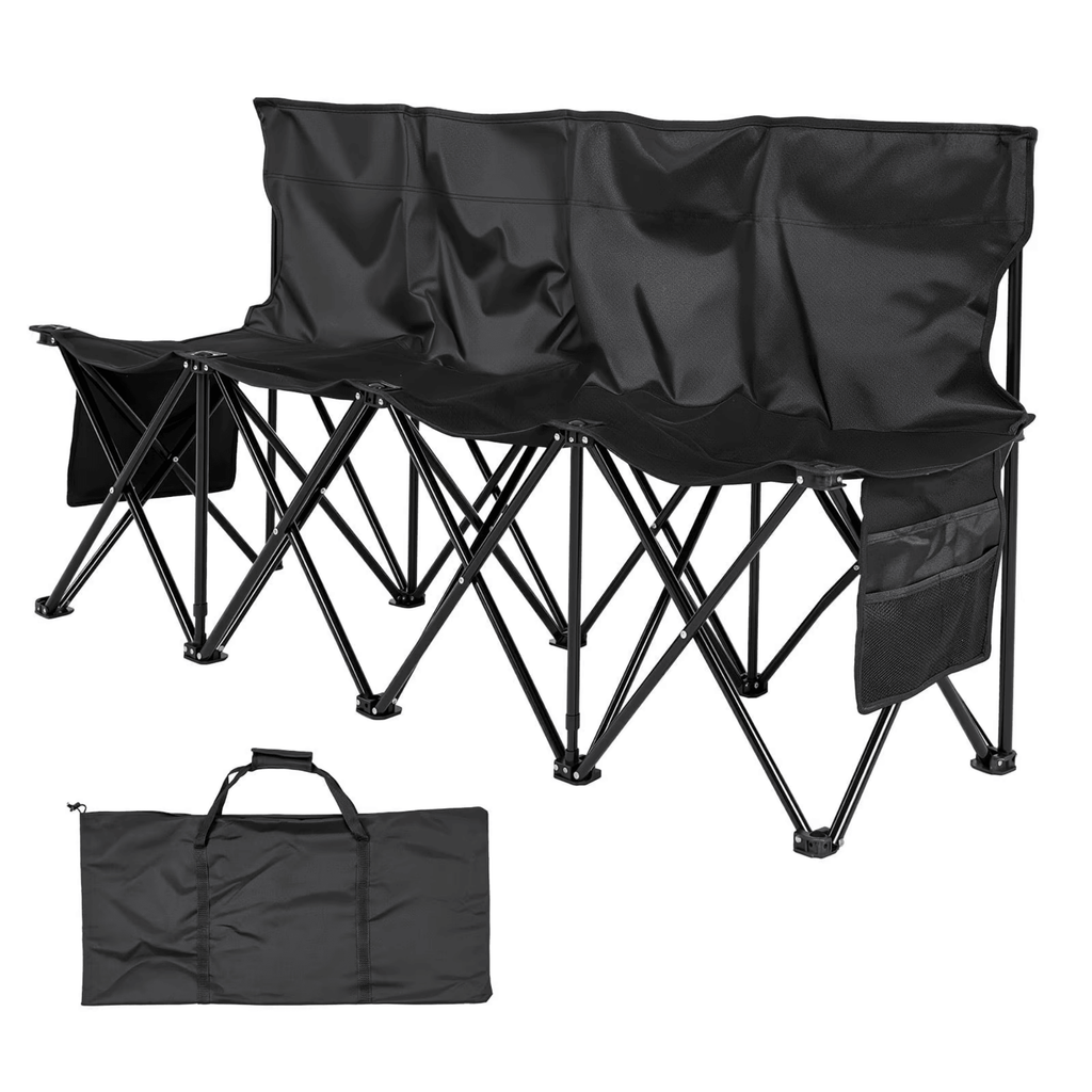 Portable Folding Bench, 4-Seat Collapsible Soccer Bench with SideStorageand Carry Bag, Lightweight Seating with Back SupportforFootball, Baseball, Camping, and Outdoor Activities, Black