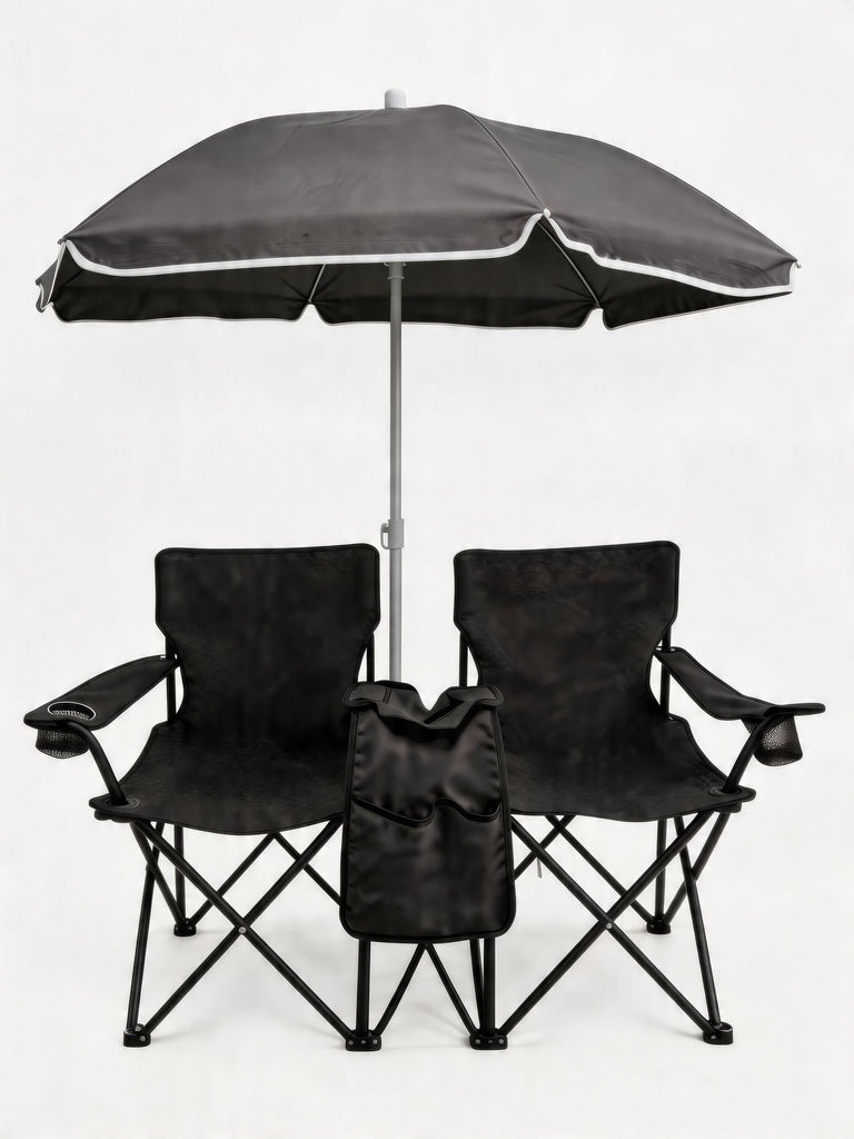 Portable Folding Picnic Chair Set with Umbrella, 2-Person Outdoor Camping Chairs Cup Holders, Foldable Beach Chair Set for Patio, Camping, Backyard, Black