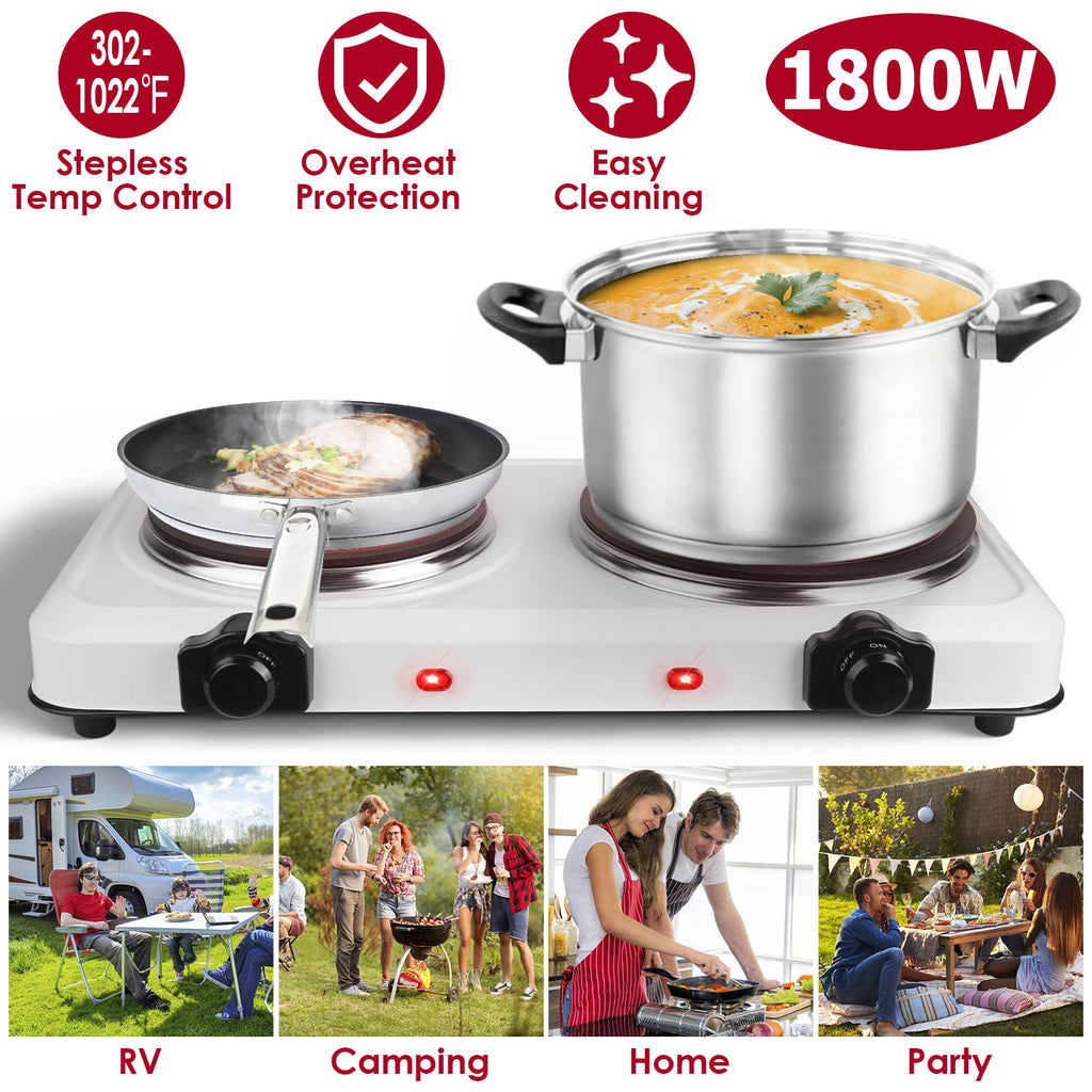 Portable Infrared Dual Hot Plate - 2 Burners for Simultaneous Cooking, 302-1022 Stepless Temp, Auto Shut-Off, Easy Wipe Clean, Ideal for Dorms/Apartments/RVs/Camping