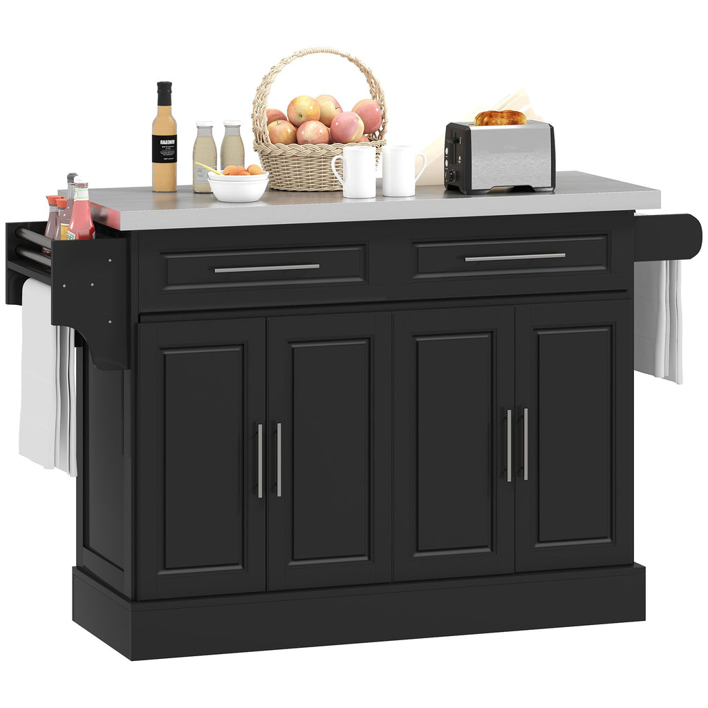 Portable Kitchen Island Cart, Black, on Wheels with Stainless Steel Top, Storage Cabinets, Spice Rack