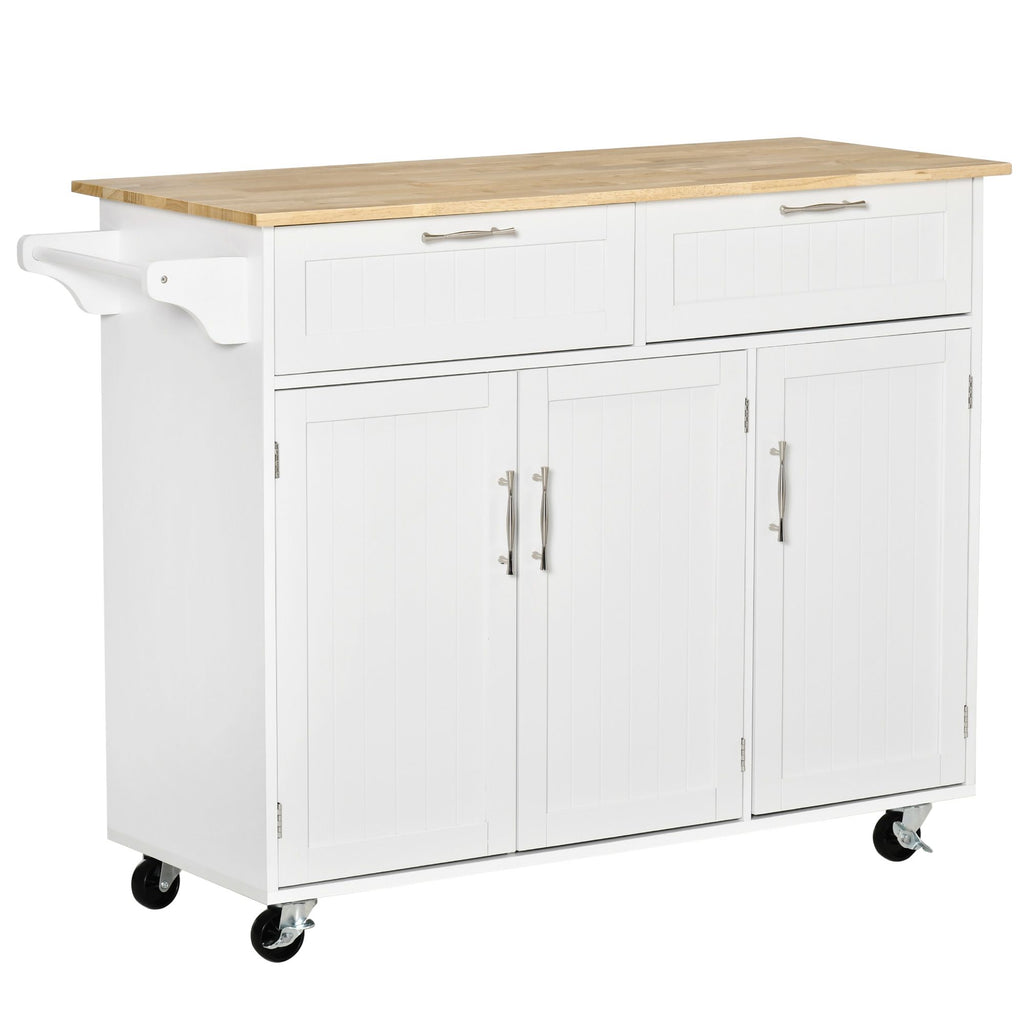 Portable Kitchen Island, White, with Rubberwood Top & 2 Drawers