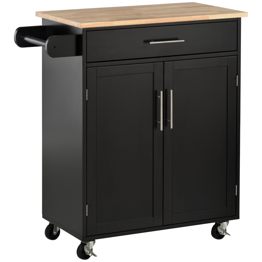 Portable Kitchen Storage Trolley, Black, with Magnetic Door Catch, Rubberwood Top on Wheels