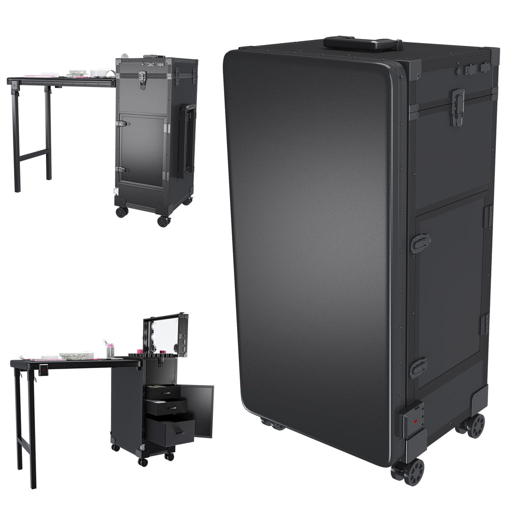 Portable Nail Art Table w/ LED Mirror, Bluetooth, Lockable Drawers, Telescopic Pole - Folding Manicure Station for Salons (Black)