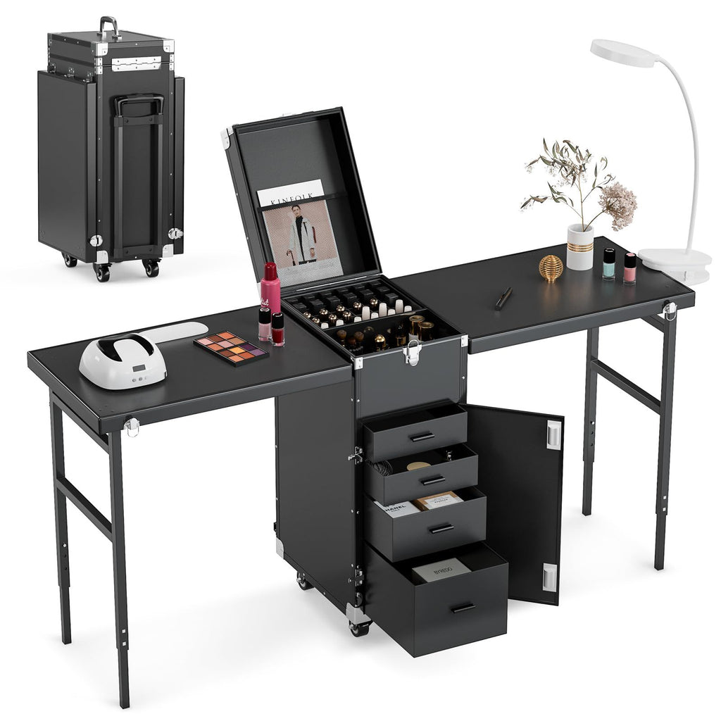 Portable Nail Table Desk, Foldable Rolling Manicure Table with Wheel, Makeup Train Case for Nail Teach, 2 Desktop Cosmetic Trolley Case, Black