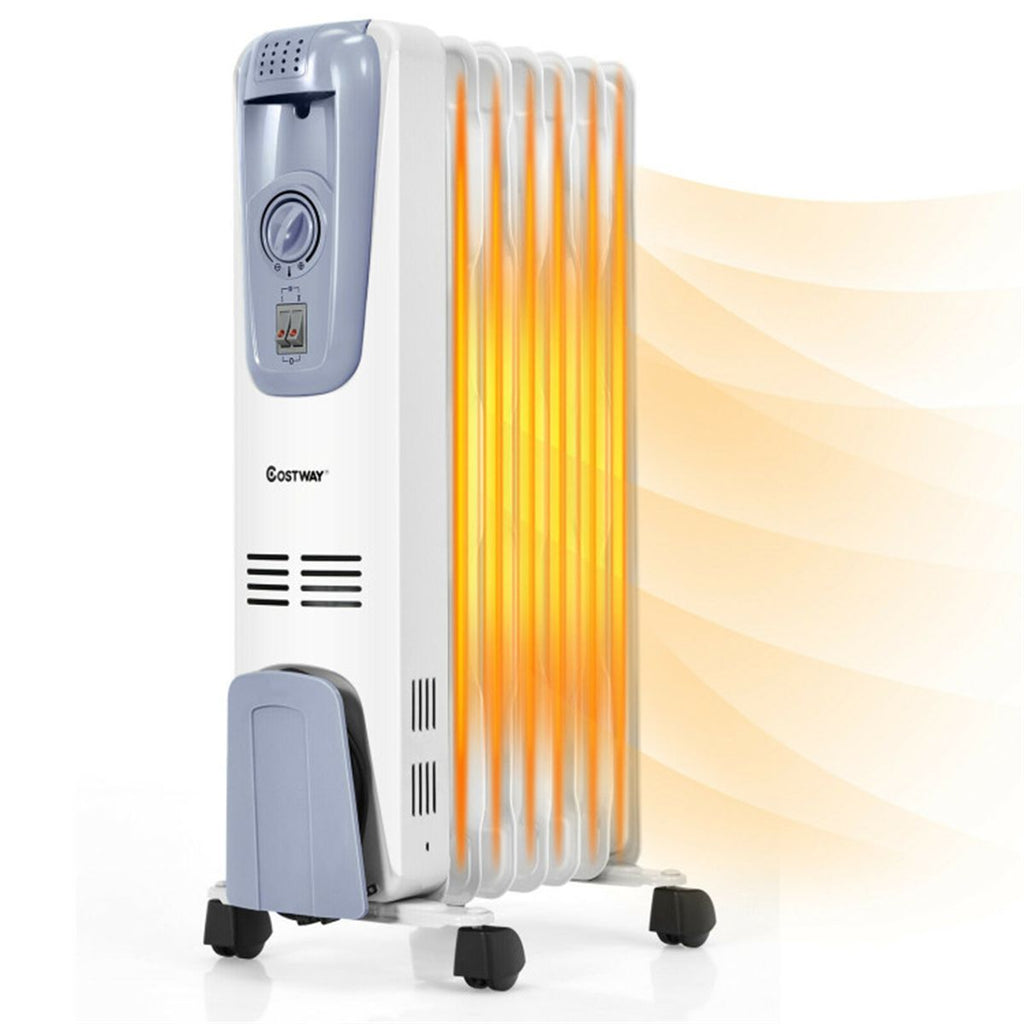 Portable Oil Heater with Thermostat - 10"x13.5"x25" Size, 4 Wheels & Cord Storage, 3 Heating Levels