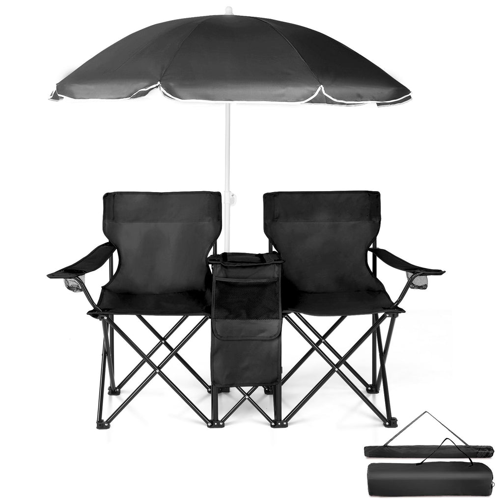 Portable Outdoor 2-Seat Folding Chair with Removable Sun Umbrella Black