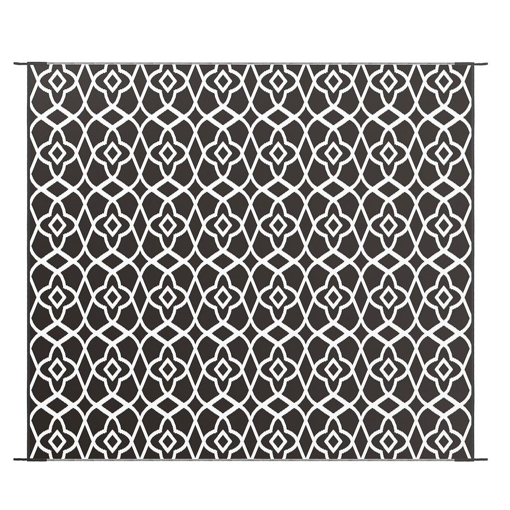 Portable Outdoor Rug Reversible Carpet for RV Camping Black White Clover with Carry Bag 8 x 10