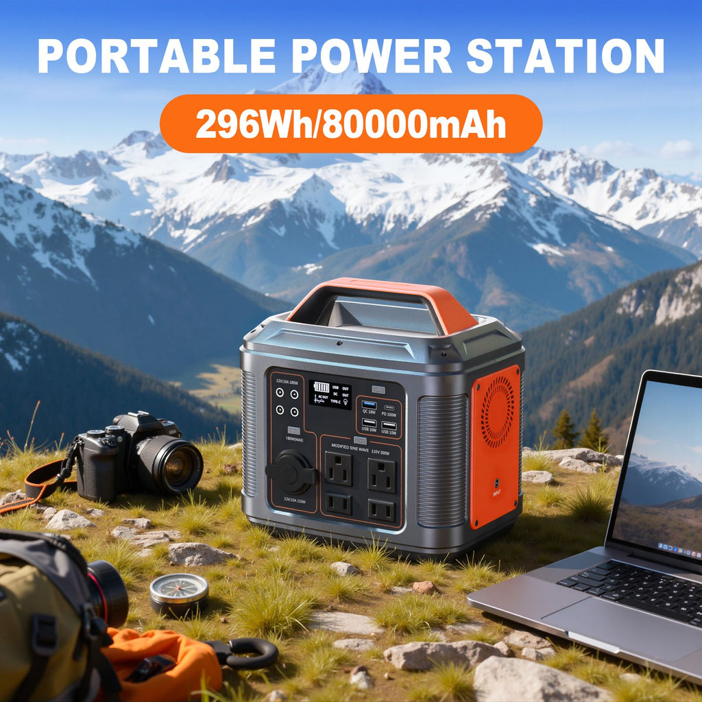 Portable Power Station, 296Wh 300W Lithium Battery, 300W AC/PD100W Output, Solar Generator for Outdoor Solar Lights, Camping Tents, Emergency Outdoor Home Use, CPAP, Fans, Laptops, Emergency, Gifts