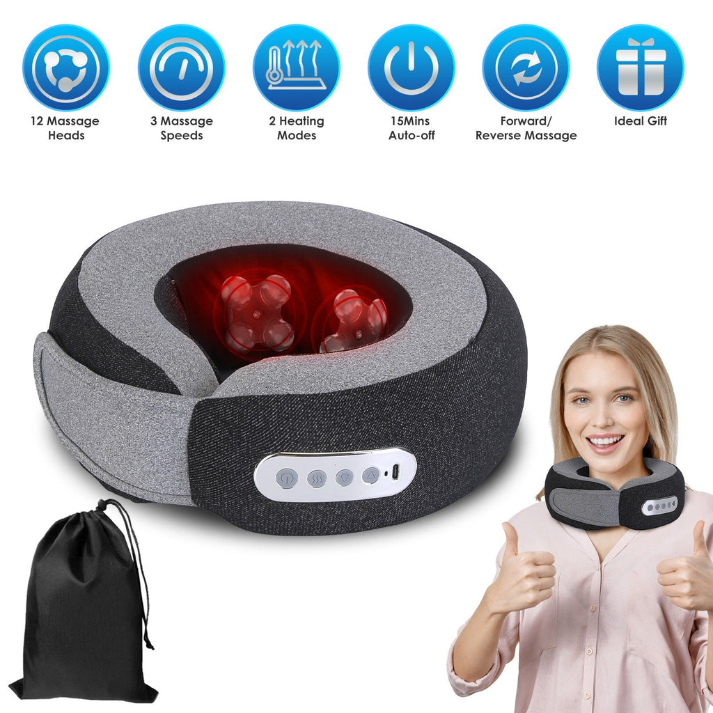 Portable Rechargeable Neck Massager Pillow - Shiatsu Kneading (Forward/Reverse), 2 Heating Modes (104-122), 3 Speeds, Slow-Rebound Memory Foam - 2200mAh Battery, Milk Silk Fabric, Ideal Gift